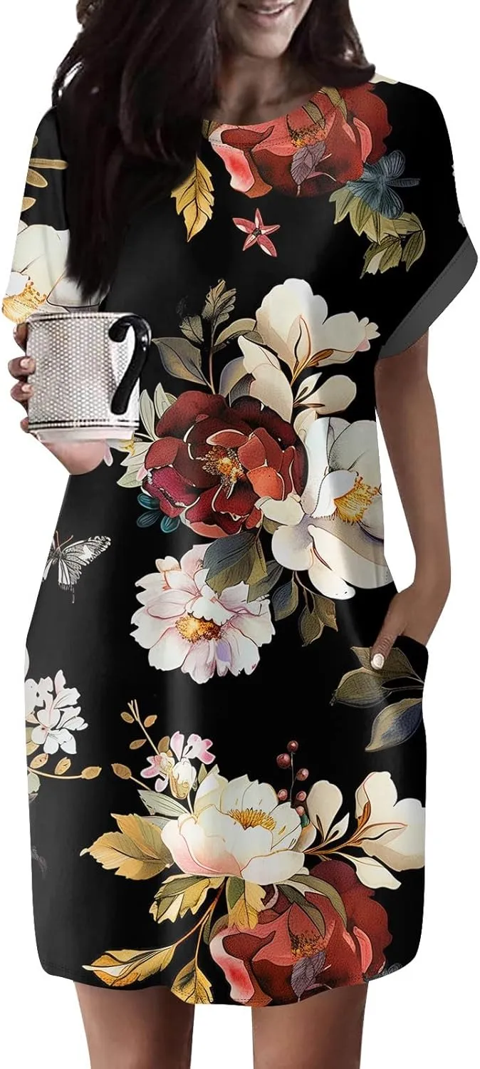 DPKLAD Womens Casual Summer T Shirt Dress Loose Short Sleeve Tunic Dress with Pocket for Women