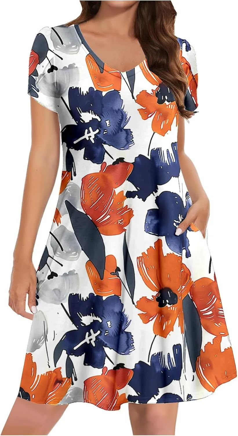 Dresses for Women 2025 Casual Spring Short Sleeve Floral Print Sundress Vacation Loose V-Neck Beach Dress with Pocket