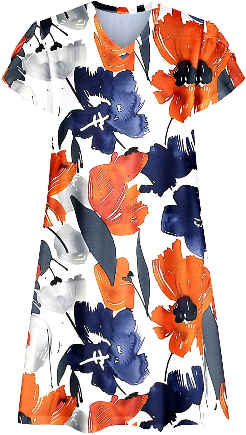 Dresses for Women 2025 Casual Spring Short Sleeve Floral Print Sundress Vacation Loose V-Neck Beach Dress with Pocket