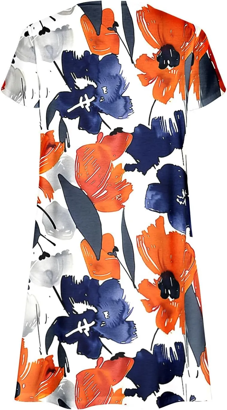 Dresses for Women 2025 Casual Spring Short Sleeve Floral Print Sundress Vacation Loose V-Neck Beach Dress with Pocket