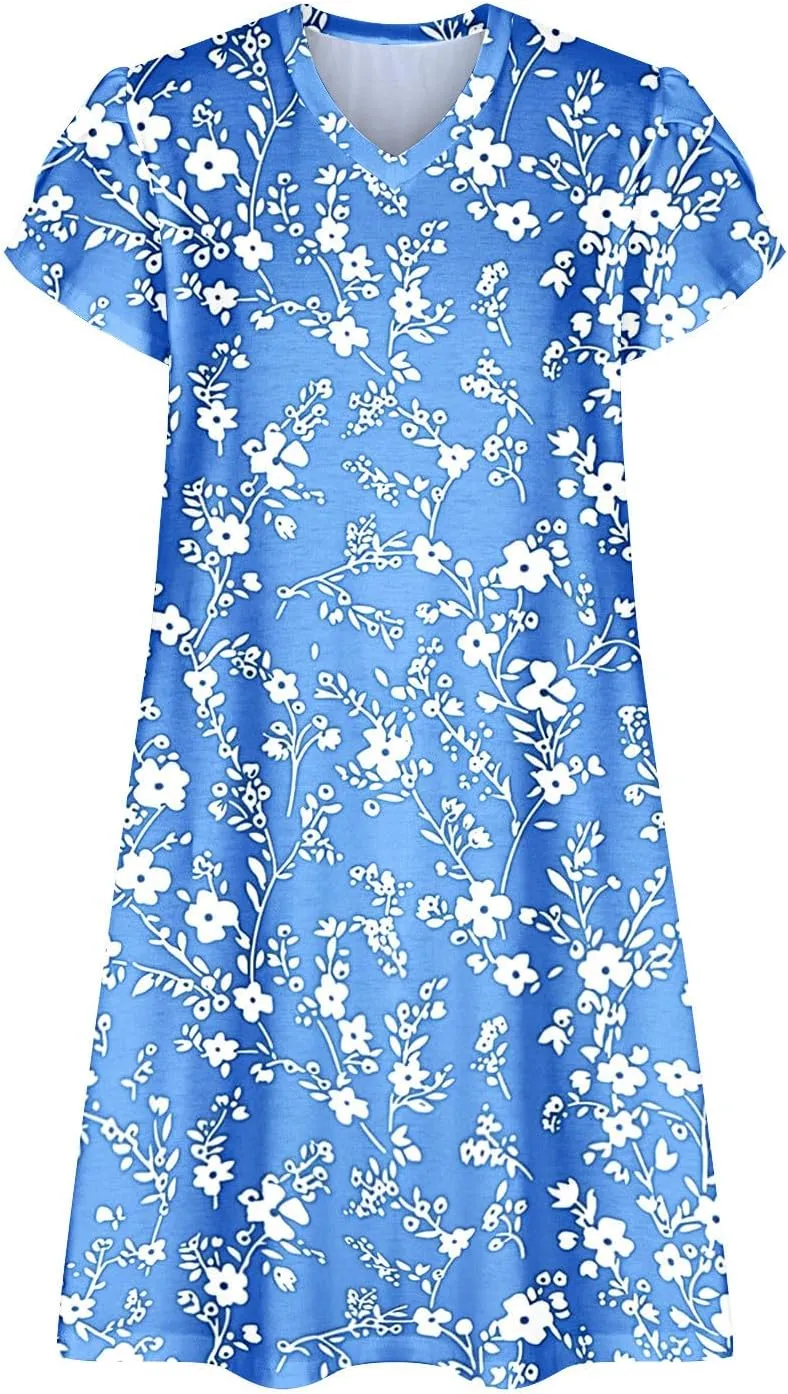 Dresses for Women 2025 Casual Spring Short Sleeve Floral Print Sundress Vacation Loose V-Neck Beach Dress with Pocket