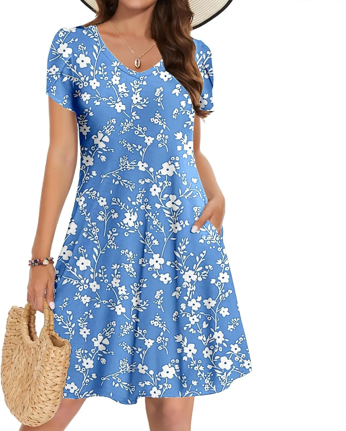 Dresses for Women 2025 Casual Spring Short Sleeve Floral Print Sundress Vacation Loose V-Neck Beach Dress with Pocket