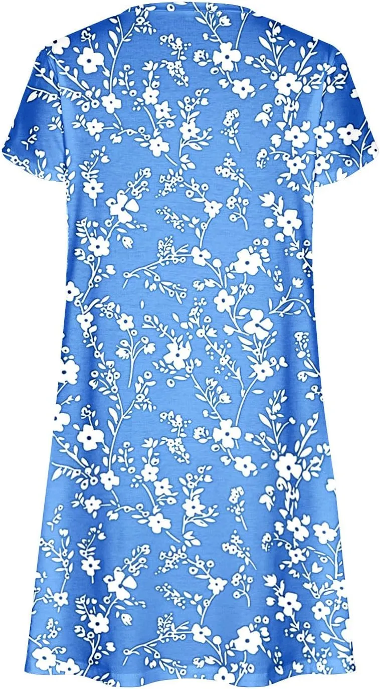 Dresses for Women 2025 Casual Spring Short Sleeve Floral Print Sundress Vacation Loose V-Neck Beach Dress with Pocket