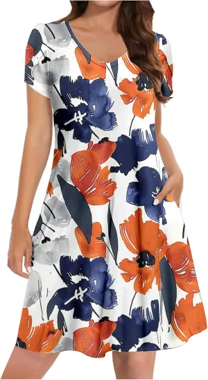 Dresses for Women 2025 Casual Spring Short Sleeve Floral Print Sundress Vacation Loose V-Neck Beach Dress with Pocket