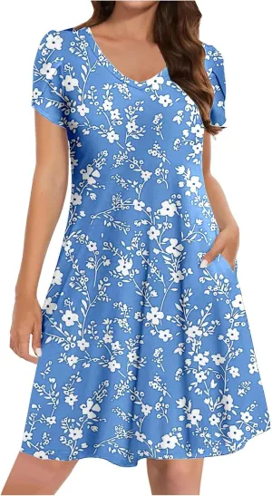 Dresses for Women 2025 Casual Spring Short Sleeve Floral Print Sundress Vacation Loose V-Neck Beach Dress with Pocket