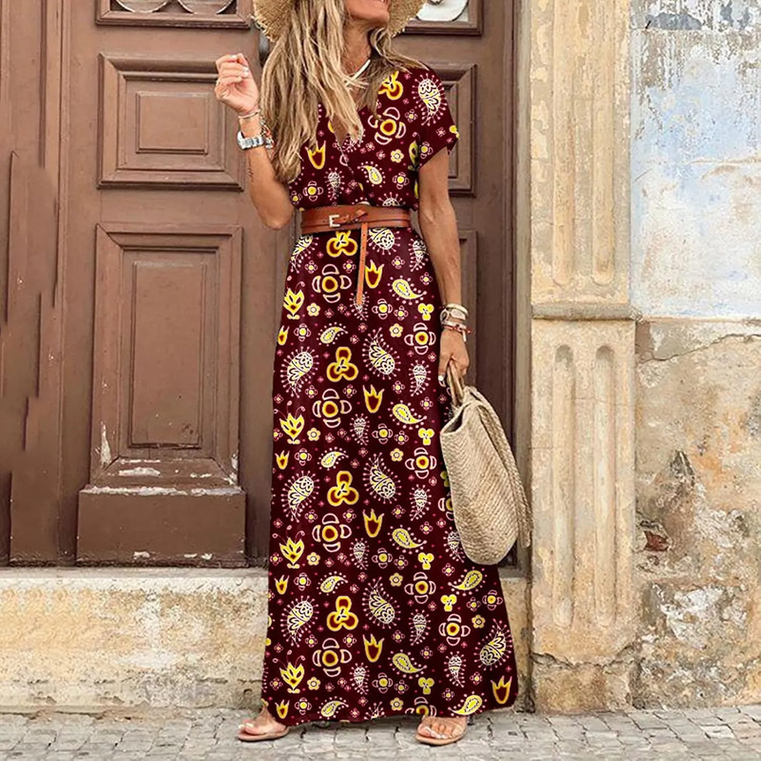Dresses for Women 2025 Summer Wrap Maxi Dress Casual Boho Floral V Neck Short Sleeve Split Beach Long Dresses