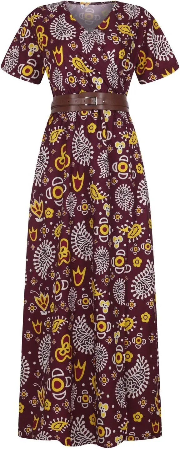 Dresses for Women 2025 Summer Wrap Maxi Dress Casual Boho Floral V Neck Short Sleeve Split Beach Long Dresses