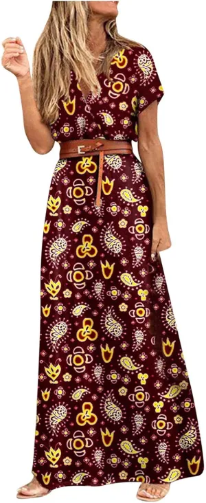 Dresses for Women 2025 Summer Wrap Maxi Dress Casual Boho Floral V Neck Short Sleeve Split Beach Long Dresses