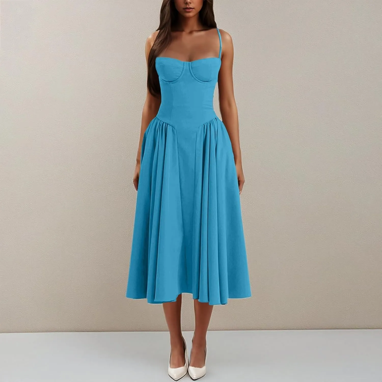 Dresses for Women Elegant Spaghetti Strap Midi Dress Pleated Low Cut Bustier Off Shoulder Dresses