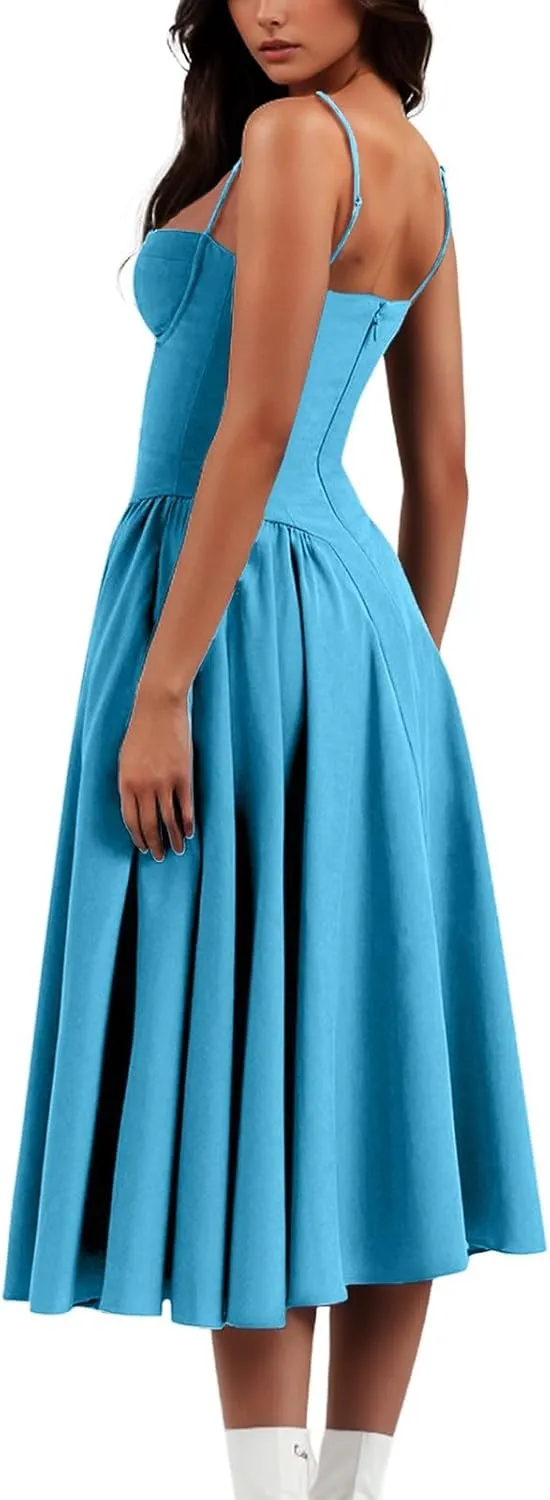 Dresses for Women Elegant Spaghetti Strap Midi Dress Pleated Low Cut Bustier Off Shoulder Dresses