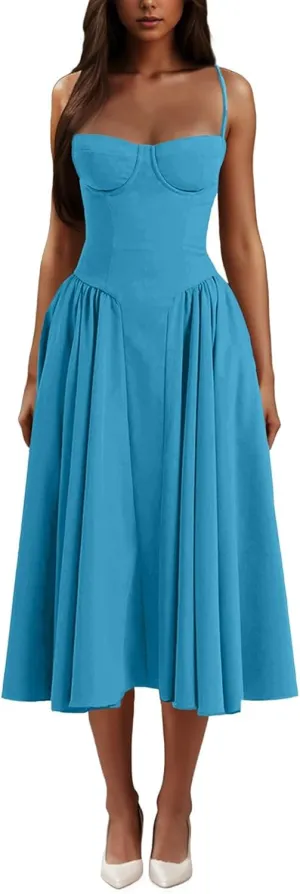 Dresses for Women Elegant Spaghetti Strap Midi Dress Pleated Low Cut Bustier Off Shoulder Dresses