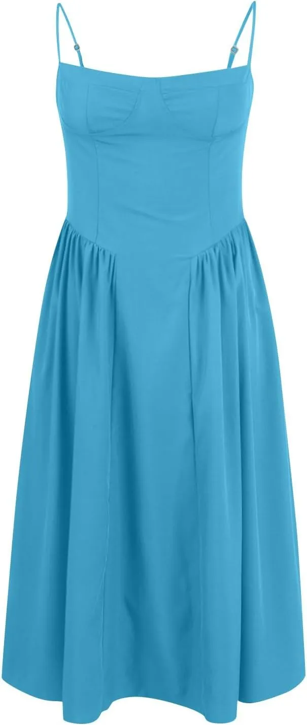 Dresses for Women Elegant Spaghetti Strap Midi Dress Pleated Low Cut Bustier Off Shoulder Dresses
