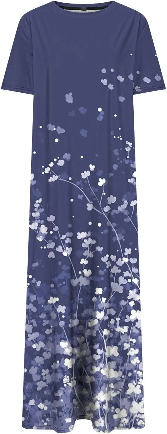 Dresses for Women Short Sleeve Boho Floral Graphic Print Sundresses Loose Casual Fashion Beach Dresses
