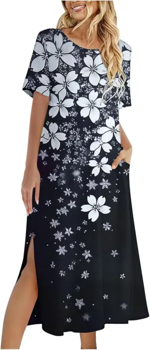 Dresses for Women Short Sleeve Boho Floral Graphic Print Sundresses Loose Casual Fashion Beach Dresses