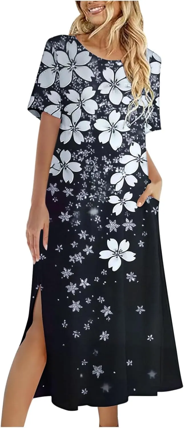 Dresses for Women Short Sleeve Boho Floral Graphic Print Sundresses Loose Casual Fashion Beach Dresses
