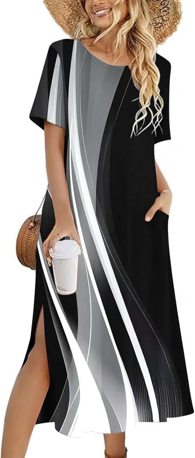 Dresses for Women Short Sleeve Boho Floral Graphic Print Sundresses Loose Casual Fashion Beach Dresses
