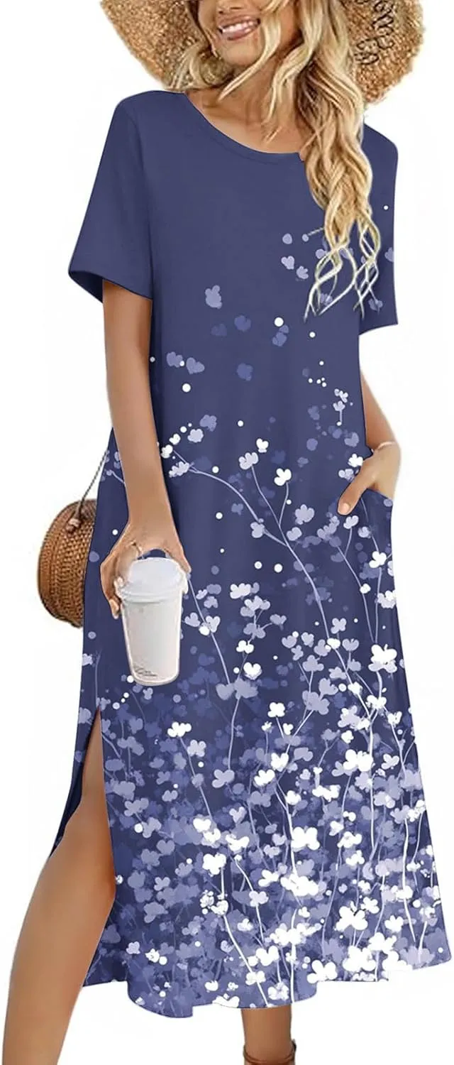 Dresses for Women Short Sleeve Boho Floral Graphic Print Sundresses Loose Casual Fashion Beach Dresses