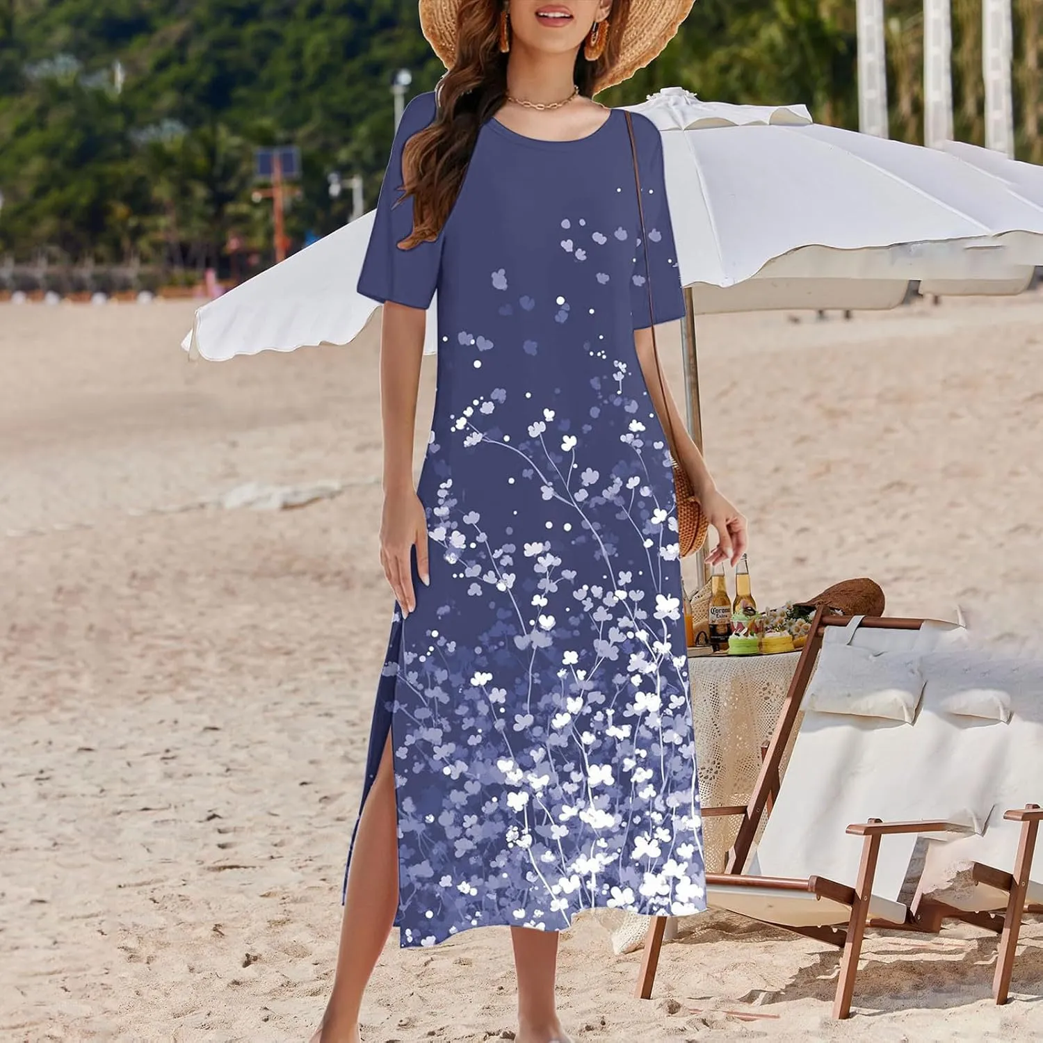 Dresses for Women Short Sleeve Boho Floral Graphic Print Sundresses Loose Casual Fashion Beach Dresses