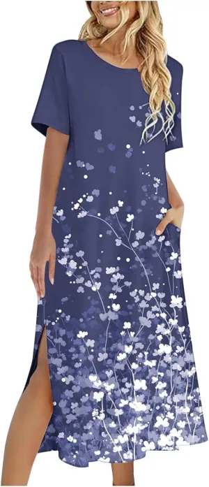 Dresses for Women Short Sleeve Boho Floral Graphic Print Sundresses Loose Casual Fashion Beach Dresses