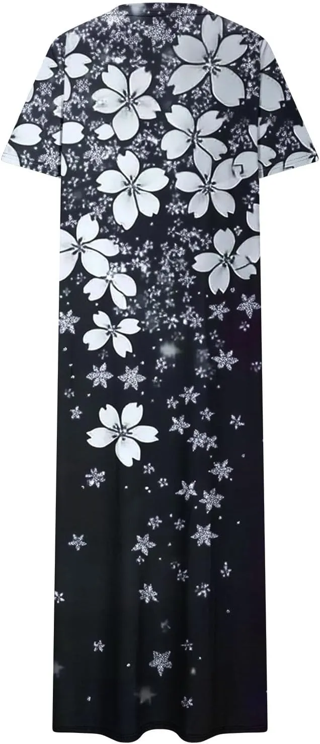 Dresses for Women Short Sleeve Boho Floral Graphic Print Sundresses Loose Casual Fashion Beach Dresses