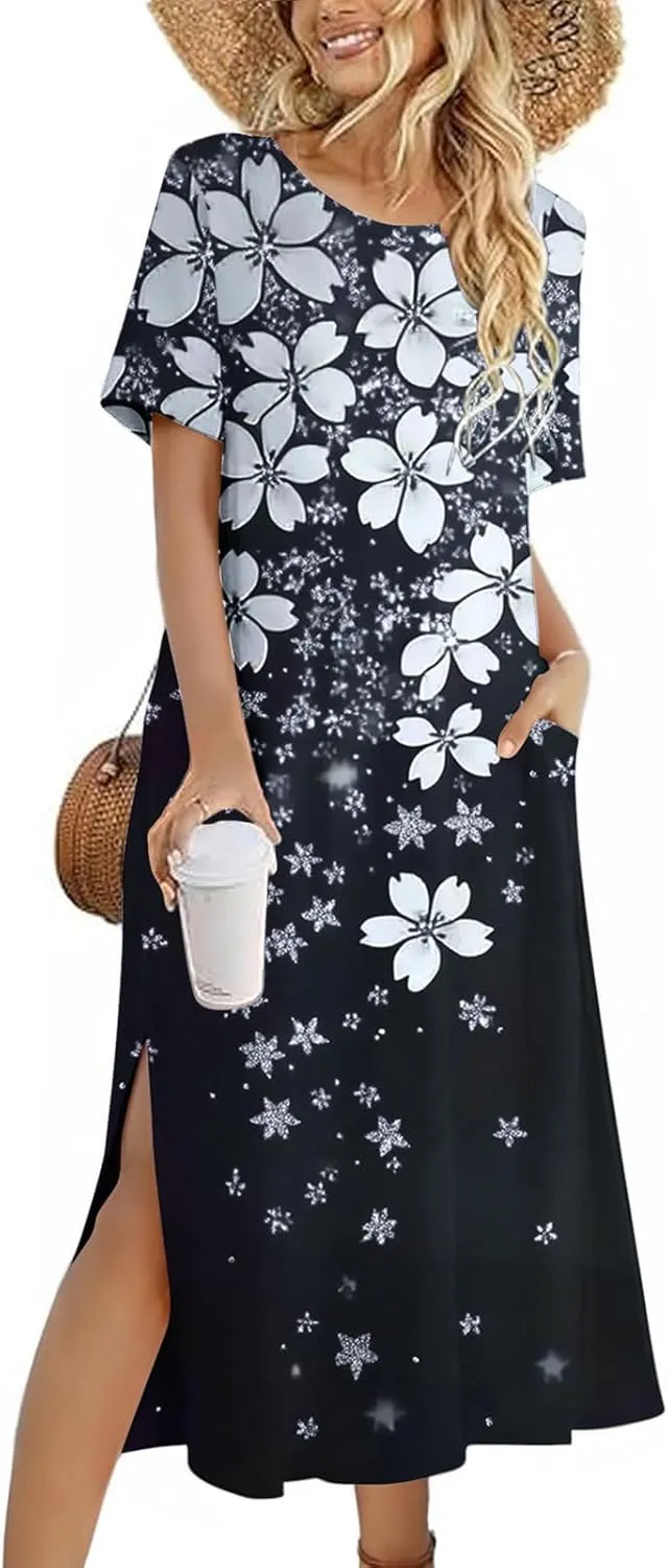 Dresses for Women Short Sleeve Boho Floral Graphic Print Sundresses Loose Casual Fashion Beach Dresses