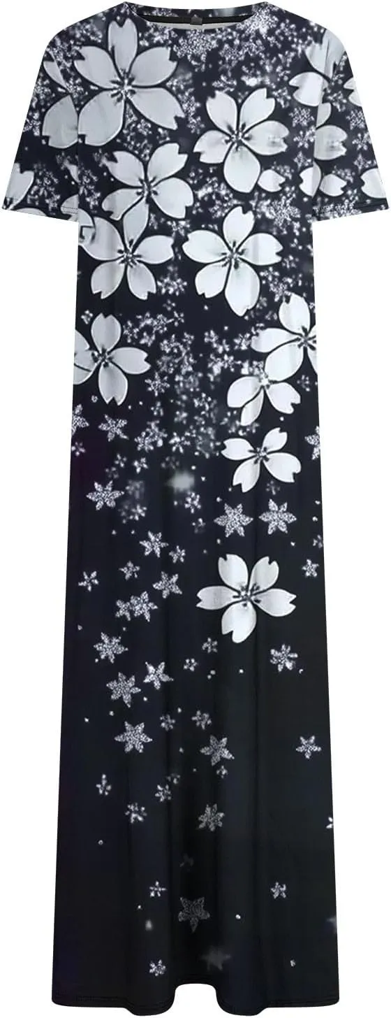 Dresses for Women Short Sleeve Boho Floral Graphic Print Sundresses Loose Casual Fashion Beach Dresses