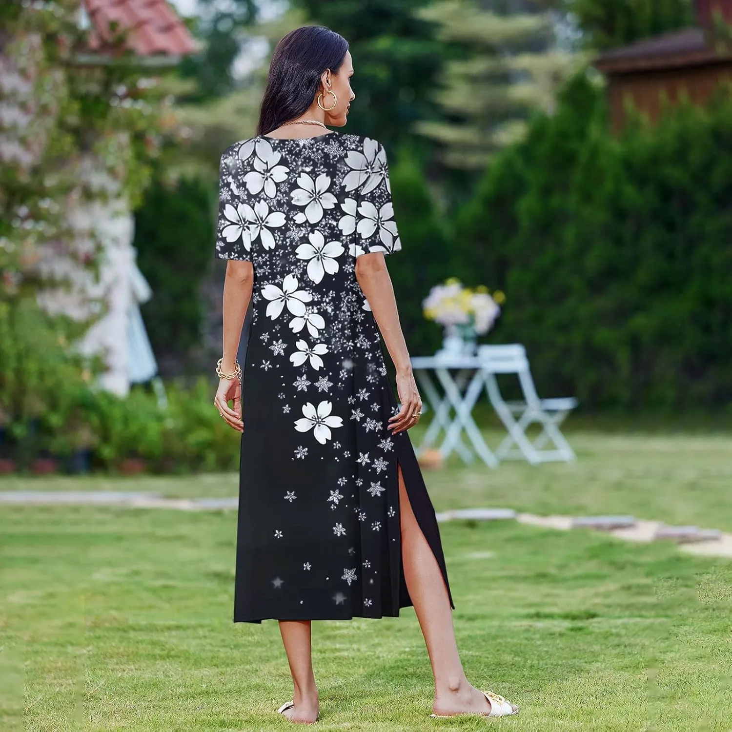 Dresses for Women Short Sleeve Boho Floral Graphic Print Sundresses Loose Casual Fashion Beach Dresses