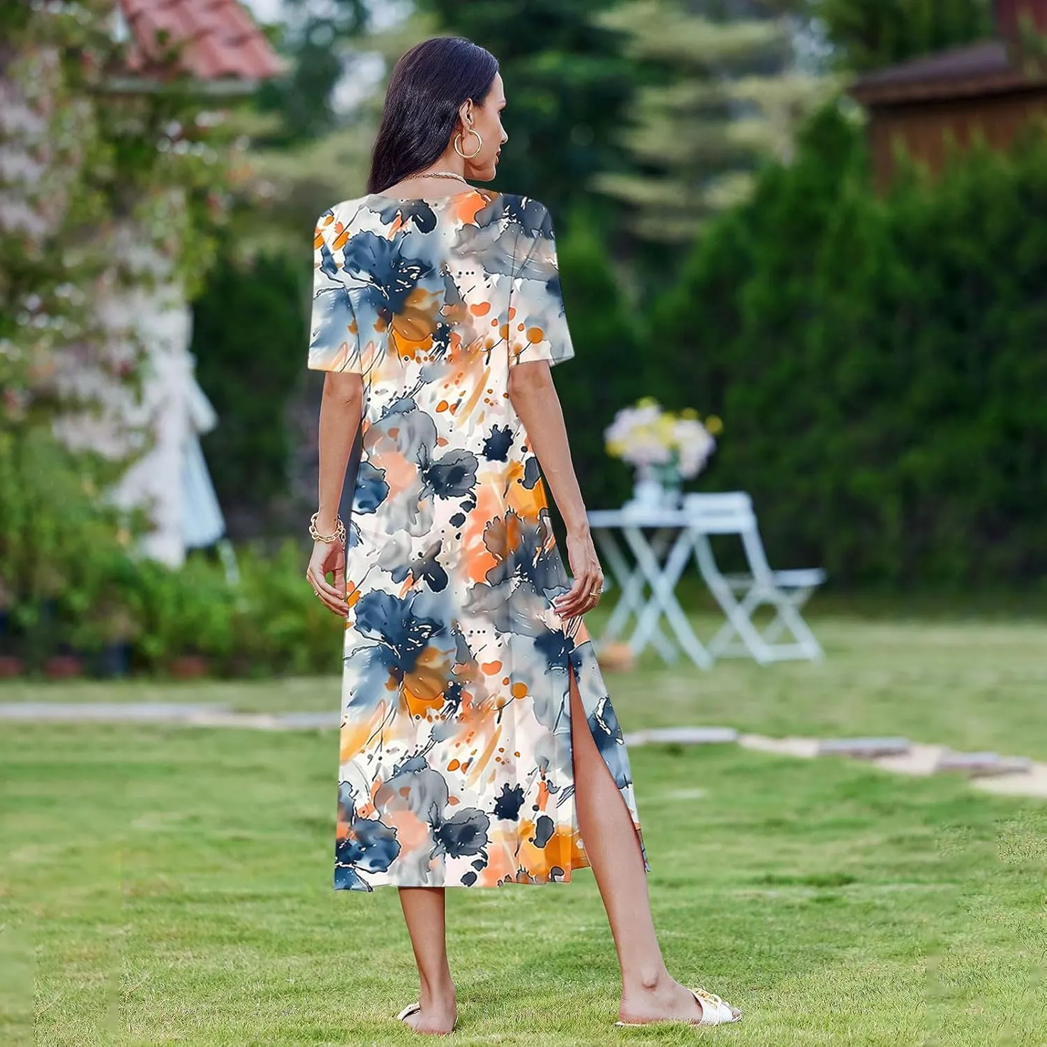 Dresses for Women Short Sleeve Boho Floral Graphic Print Sundresses Loose Casual Fashion Beach Dresses