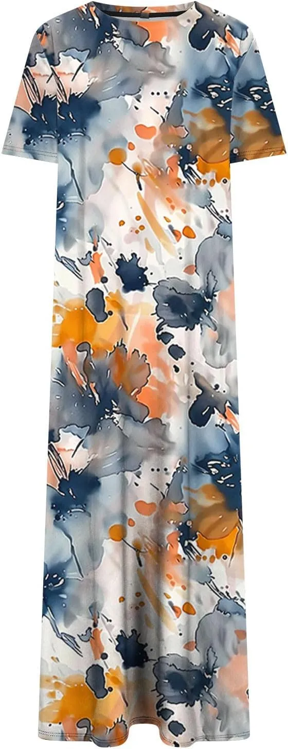 Dresses for Women Short Sleeve Boho Floral Graphic Print Sundresses Loose Casual Fashion Beach Dresses