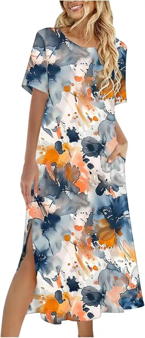 Dresses for Women Short Sleeve Boho Floral Graphic Print Sundresses Loose Casual Fashion Beach Dresses