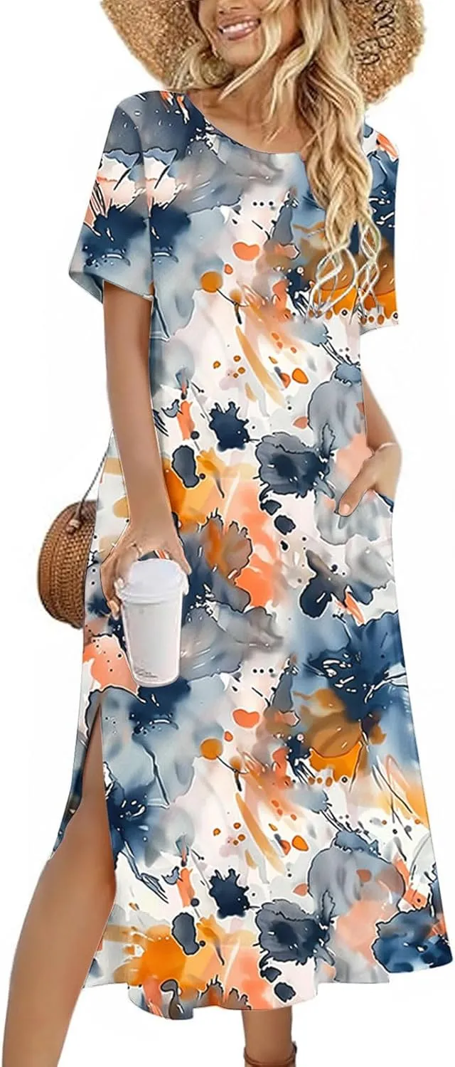 Dresses for Women Short Sleeve Boho Floral Graphic Print Sundresses Loose Casual Fashion Beach Dresses