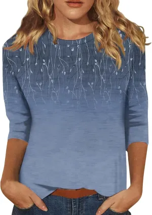 Dressy Tops for Women 2024 Elbow Sleeve T-Shirts Cotton Crew Neck Blouses Floral Print Loose Fit Dressy Summer Tops