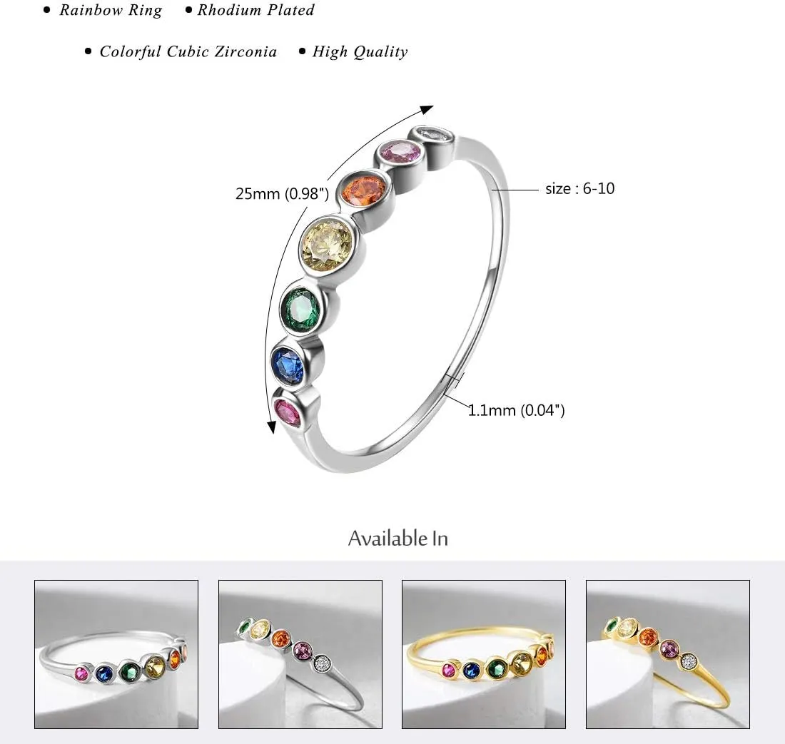 E Gold Rings for Women, 14K Rainbow Band Rings Eternity Thumb Rings Wedding Round Cubic Zirconia CZ Rings Dainty Colorful Rings for Her