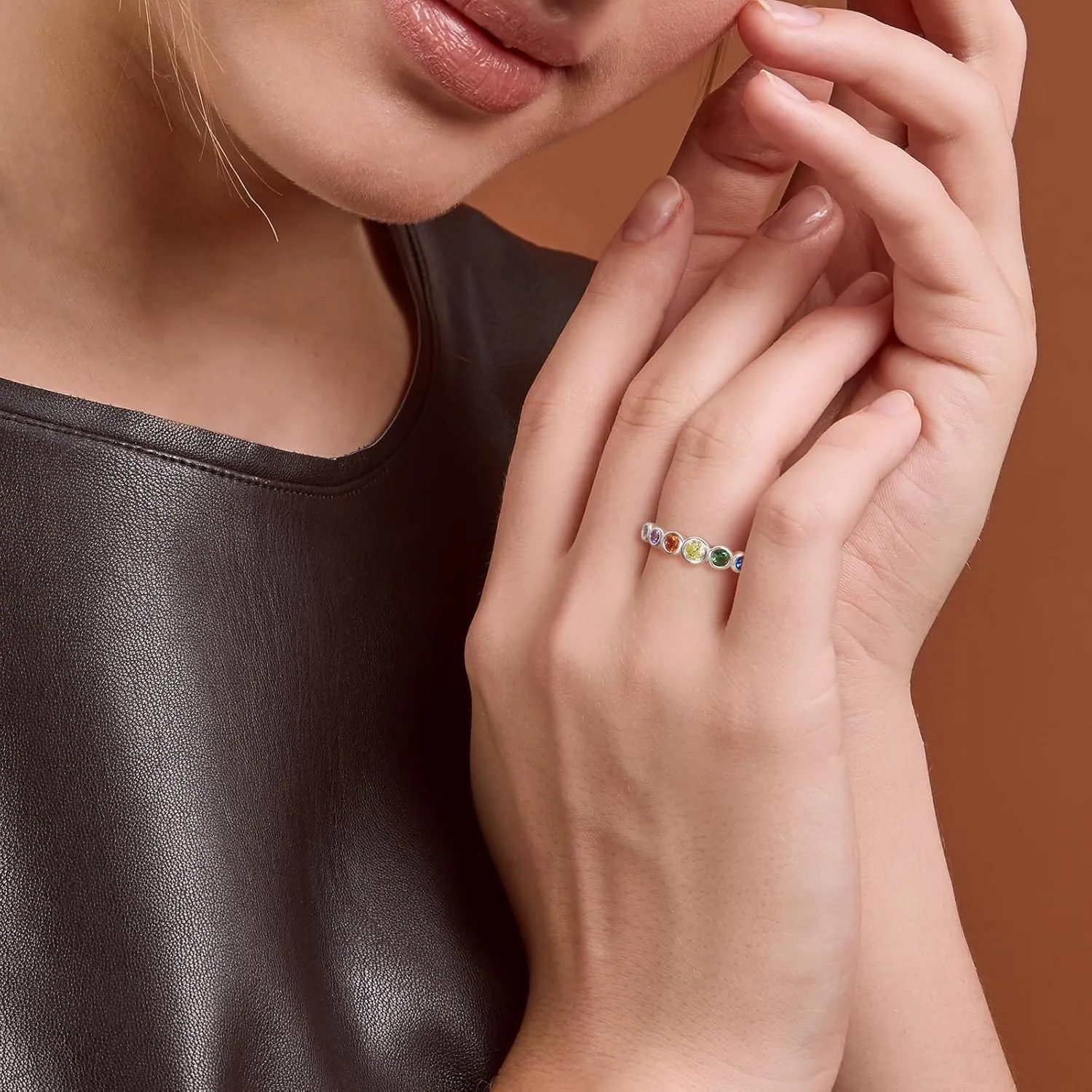 E Gold Rings for Women, 14K Rainbow Band Rings Eternity Thumb Rings Wedding Round Cubic Zirconia CZ Rings Dainty Colorful Rings for Her