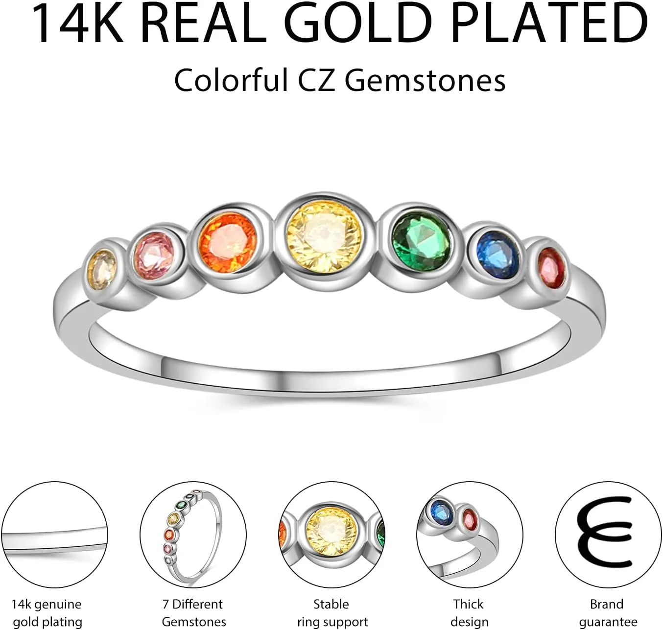 E Gold Rings for Women, 14K Rainbow Band Rings Eternity Thumb Rings Wedding Round Cubic Zirconia CZ Rings Dainty Colorful Rings for Her