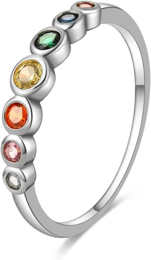 E Gold Rings for Women, 14K Rainbow Band Rings Eternity Thumb Rings Wedding Round Cubic Zirconia CZ Rings Dainty Colorful Rings for Her