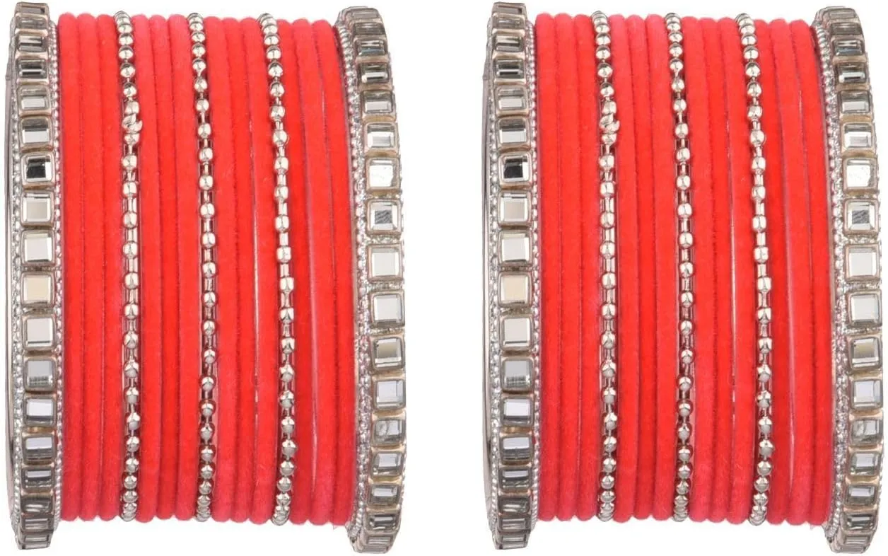 Efulgenz CZ Crystal Indian Wedding Bridal Bangle Set Plain Velvet Bangle with Silver Tone Beaded Metal Bangle Traditional Kundan Bangle Bracelet Jewelry for Women
