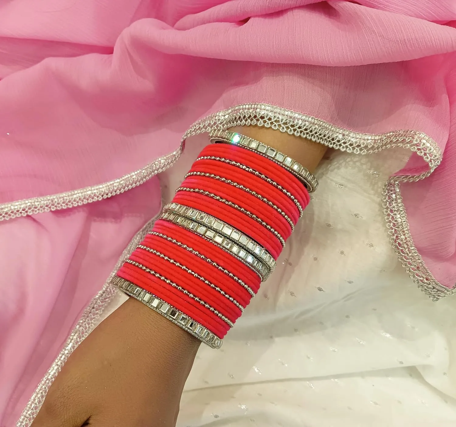 Efulgenz CZ Crystal Indian Wedding Bridal Bangle Set Plain Velvet Bangle with Silver Tone Beaded Metal Bangle Traditional Kundan Bangle Bracelet Jewelry for Women
