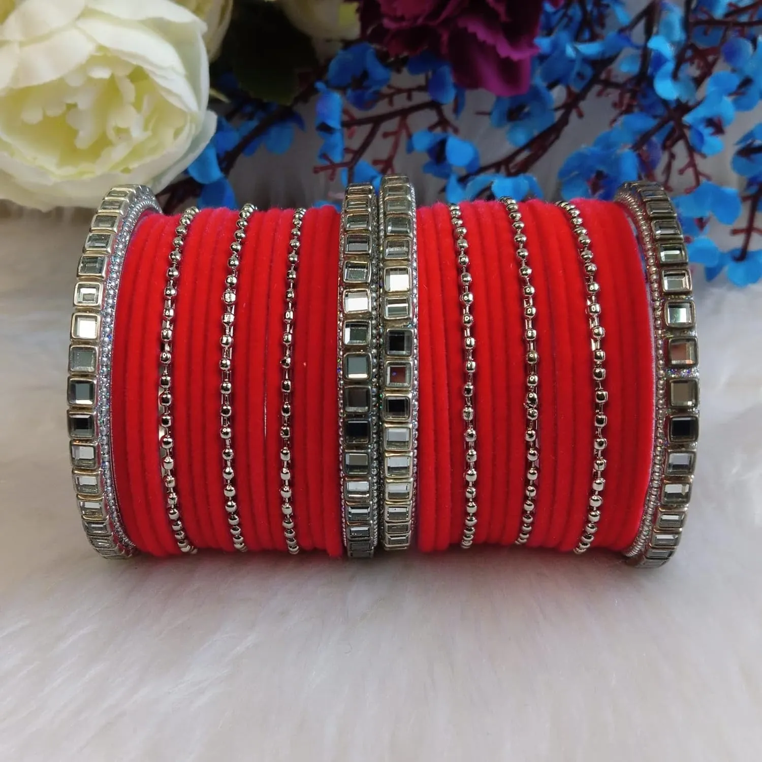 Efulgenz CZ Crystal Indian Wedding Bridal Bangle Set Plain Velvet Bangle with Silver Tone Beaded Metal Bangle Traditional Kundan Bangle Bracelet Jewelry for Women
