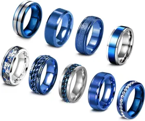 EIELO 9Pcs Stainless Steel Band Rings for Men Women Cool Fidget Spinning Chain Ring Anxiety Relief Fashion Simple Wedding Engagement Black Ring Set