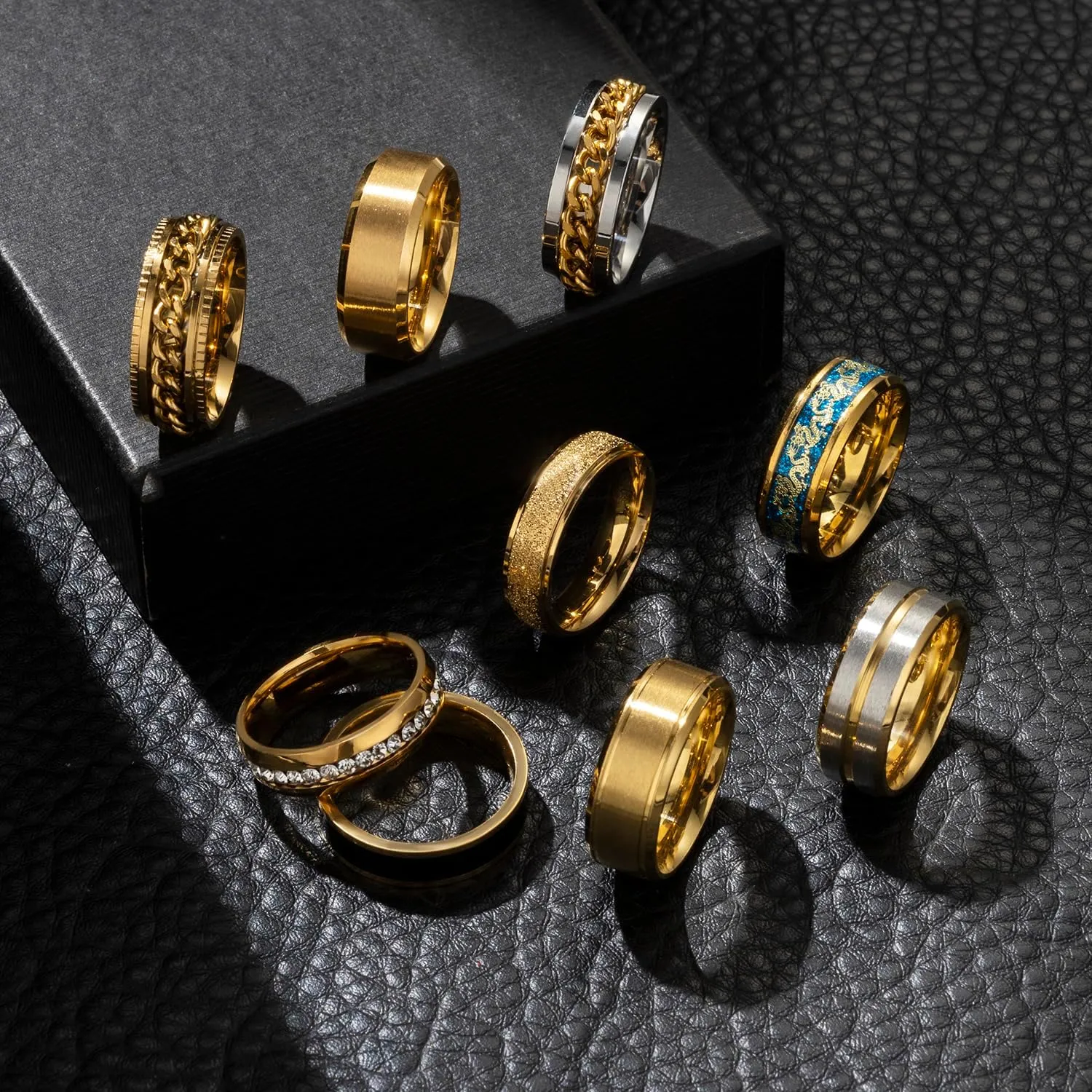 EIELO 9Pcs Stainless Steel Band Rings for Men Women Cool Fidget Spinning Chain Ring Anxiety Relief Fashion Simple Wedding Engagement Black Ring Set