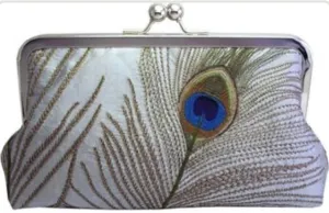 Elegant Embroidered Peacock Feather Silk Clutch Purse, Silver Clasp, Silver Grey Evening Bag