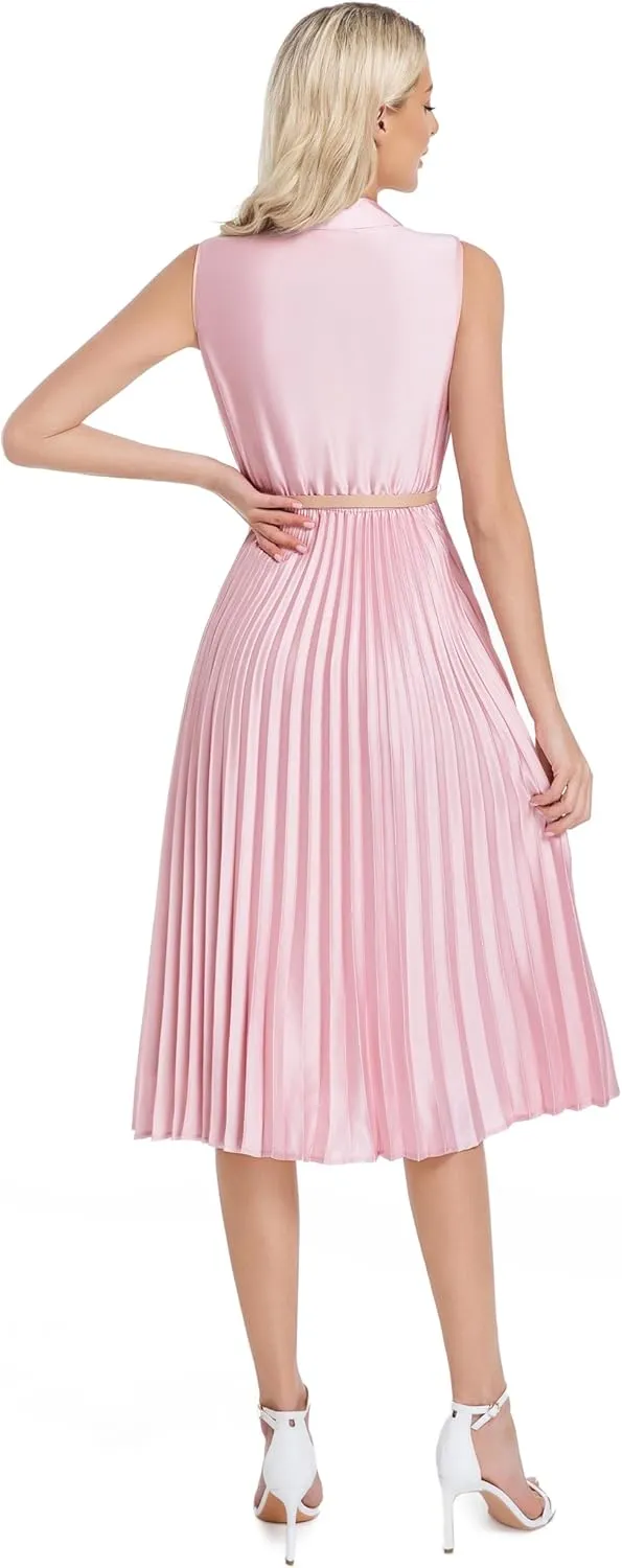 Elegant Satin Sleeveless Midi Summer Dress for Women with Belt,Fit and Flare for Formal Business Casual