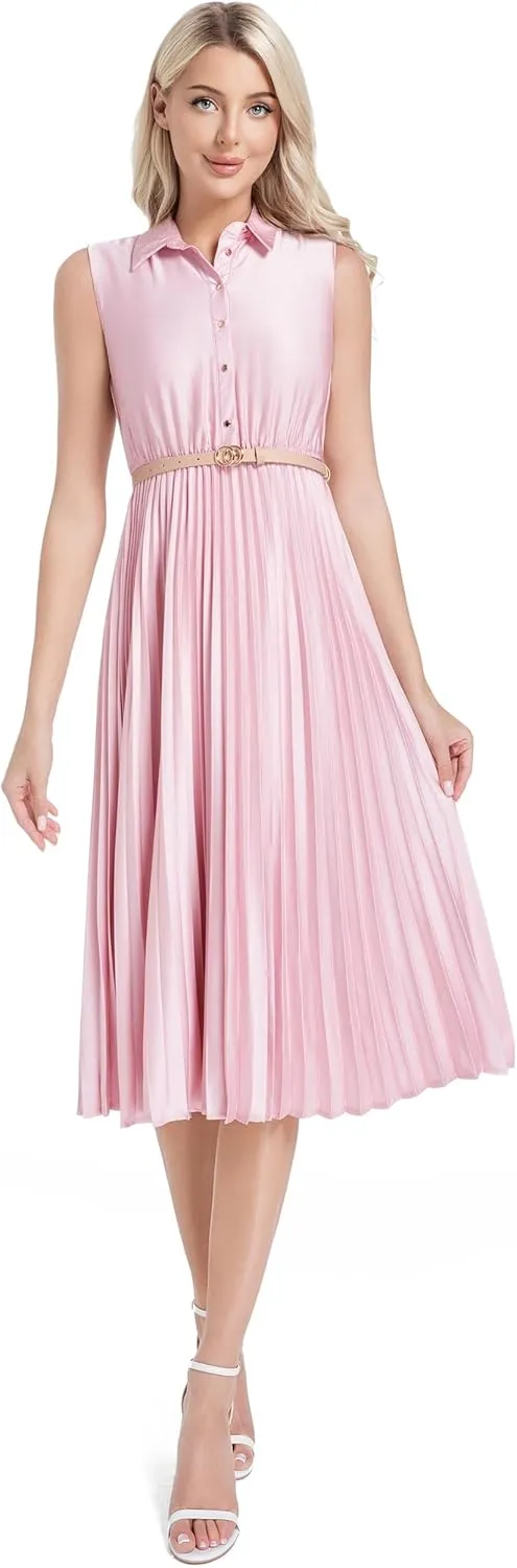 Elegant Satin Sleeveless Midi Summer Dress for Women with Belt,Fit and Flare for Formal Business Casual