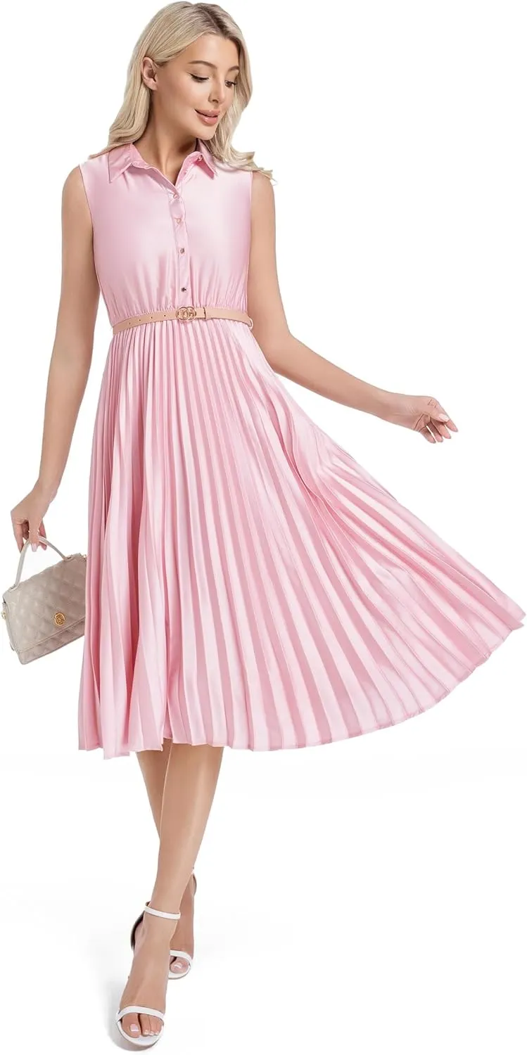 Elegant Satin Sleeveless Midi Summer Dress for Women with Belt,Fit and Flare for Formal Business Casual