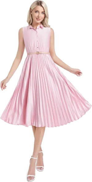 Elegant Satin Sleeveless Midi Summer Dress for Women with Belt,Fit and Flare for Formal Business Casual