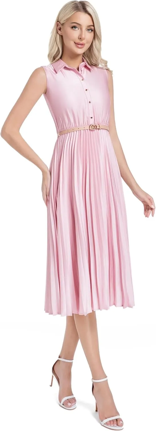Elegant Satin Sleeveless Midi Summer Dress for Women with Belt,Fit and Flare for Formal Business Casual