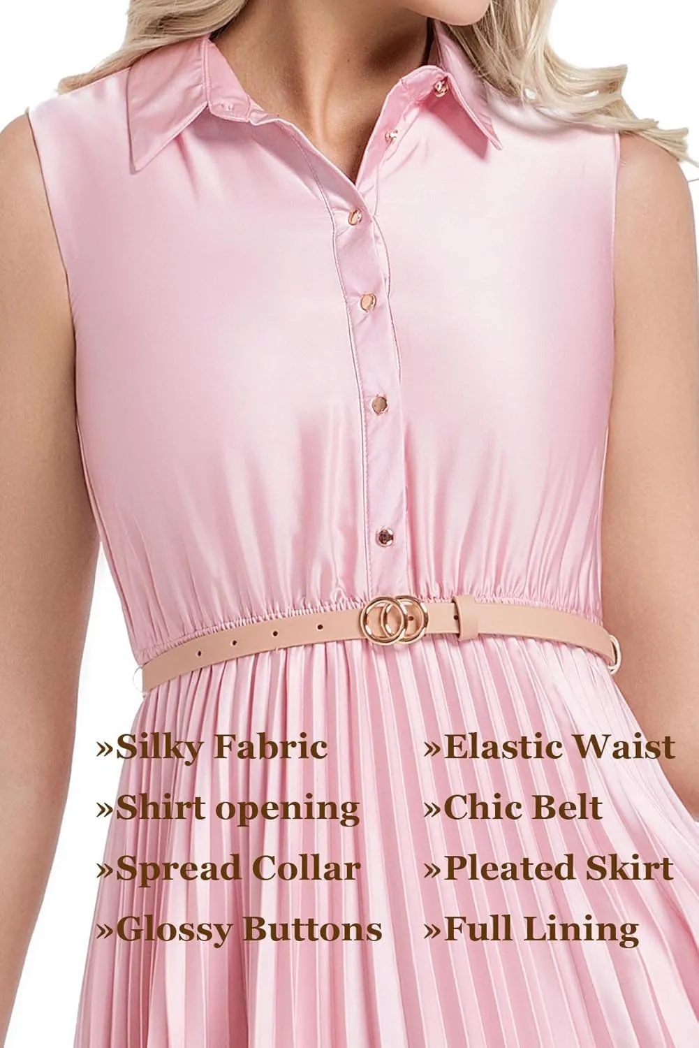 Elegant Satin Sleeveless Midi Summer Dress for Women with Belt,Fit and Flare for Formal Business Casual