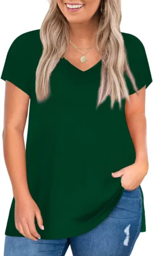 Elesomo Womens Plus Size T Shirts V Neck Short Sleeve Basic Tees Cotton Summer Tops