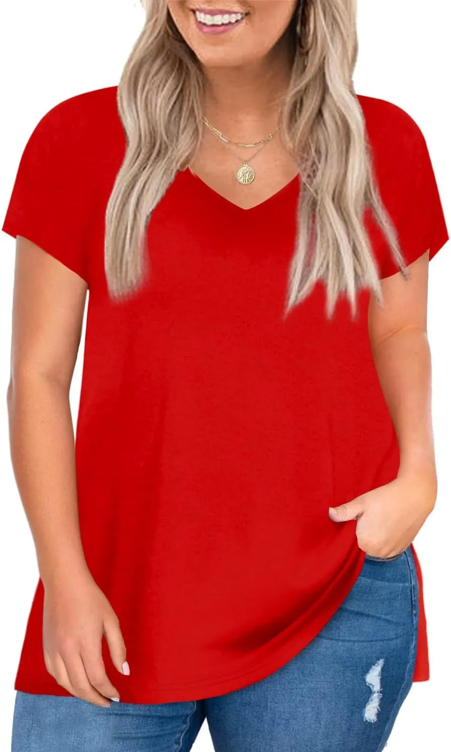 Elesomo Womens Plus Size T Shirts V Neck Short Sleeve Basic Tees Cotton Summer Tops
